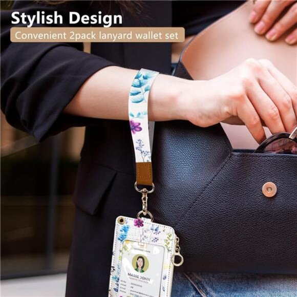 2-in-1 ID Badge Holder & Lanyard Wallet for Womens Cute Floral Zipper - Picture 5 of 7